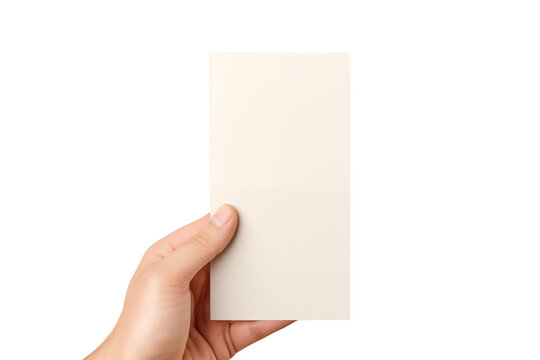 Male hand holding blank card isolated on transparent background, png