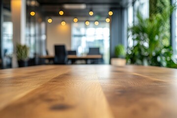Fototapeta premium Blurred background of a contemporary office with a wooden table in the foreground, providing a space for office presentations with generative ai