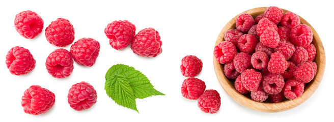 ripe raspberries in wooden bowl isolated on white background. clipping path