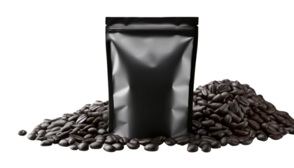 A sleek black pouch surrounded by aromatic coffee beans, perfect for showcasing premium coffee products.