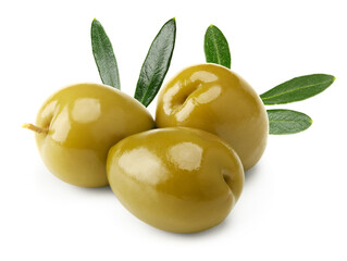 Marinated green olives with green leaves isolated on white background. clipping path