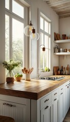 modern kitchen with white cabinets, wooden countertop, and hanging light fixture, featuring window view trees