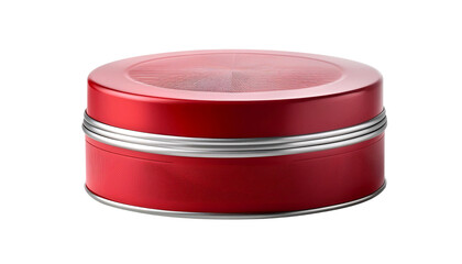 A vibrant red tin container with a sleek silver band, perfect for storage or as a decorative item in any setting.