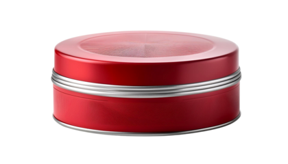 A vibrant red tin container with a sleek silver band, perfect for storage or as a decorative item in any setting.