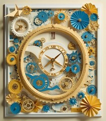 Obraz premium clock with gold frame and intricate blue and yellow gears and mechanisms, surrounded by paper fans and