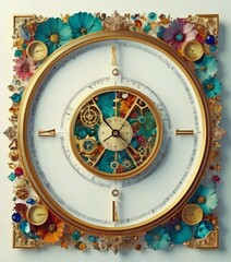 Fototapeta premium square clock with gold frame and intricate floral and gemstone decorations, featuring white face with gold