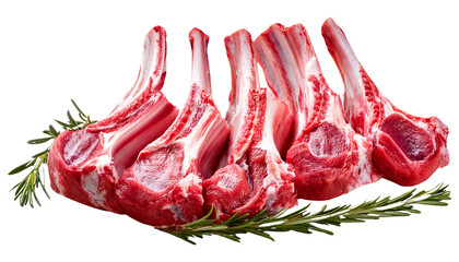 Fresh lamb chops arranged with rosemary, showcasing vibrant red meat perfect for grilling or roasting.