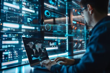 Cyber Security Expert Working on a Laptop in a Data Center for your background business, poster, wallpaper, banner, backdrop, greeting cards, and advertising for business entities or brands.