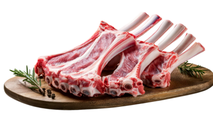 Fresh, raw lamb chop arranged beautifully on a wooden board, garnished with herbs for a delicious culinary presentation.