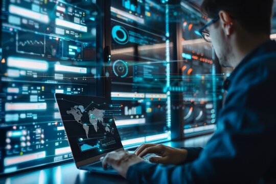 Cyber Security Expert Working on a Laptop in a Data Center for your background business, poster, wallpaper, banner, backdrop, greeting cards, and advertising for business entities or brands.