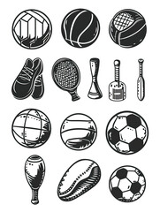 Fototapeta premium Black and White Illustration of Various Sports Equipment, generative ai image