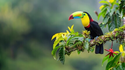 Obraz premium Colorful Toucan Perched on a Branch in a Tropical Rainforest