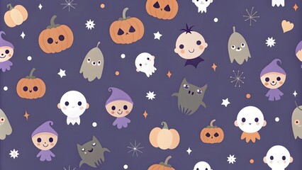 Baby seamless pattern Happy Halloween. Cute kid's background. Cartoon pumpkin, ghost, bat, skull, and spider. Modern Design for celebration, fabric, packaging