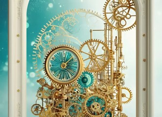 complex mechanical clock with gold gears and blue face is displayed against blue and white background, with