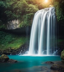 Fototapeta premium serene waterfall cascades into turquoise pool, surrounded by lush greenery and bathed in sunlight.