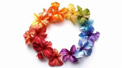 Obraz premium A circle of rainbow flowers, decorative element, modern design, vibrant spectrum, isolated on white background
