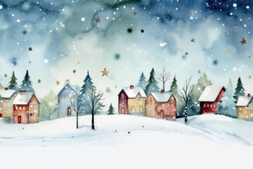 Fototapeta premium Winter village snowy night painting