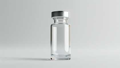 A delicate glass vial with clear nutrient serum on solid white background, single object