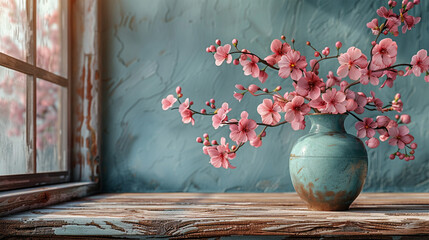 Creative template for advertising on living room background with wooden parquet  blank wooden table with a peach blossom flower vase decorative. Made with generative ai
