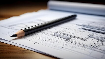 Architectural blueprint with black pencil on wooden desk, creative workspace, design inspiration. Generative AI