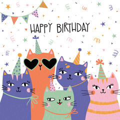 Hand drawn happy birthday card with funny cats with birthday cap and lettering Happy Birthday. Vector illustration. Isolated on white background. Good for posters, t shirts, postcards.