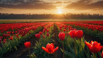 Fototapeta premium beautiful field of red tulips on the background of the sunset