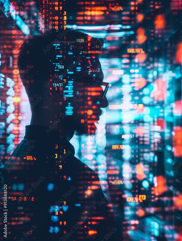Poster the silhouette of a hacker or programmer, their face obscured by a digital backdrop of glowing code 