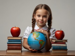 A girl student sits at a table with a globe and a red apple atop a stack of books, set against an isolated white background. AI generated.
