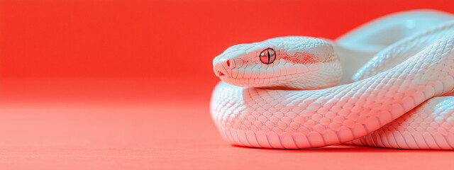 Fototapeta premium A white snake with intricate scales lies on a shiny red background, creating a magical and exotic atmosphere. Background for a New Year banner symbolising the year of the green snake.