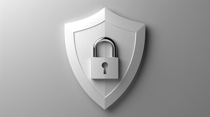 A secure shield with a lock icon in the middle on solid white background, single object