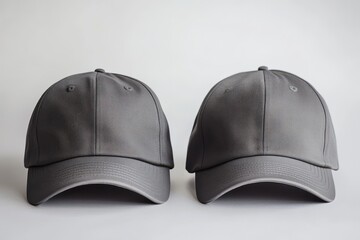 Fototapeta premium Pair of gray baseball caps on white background, front view