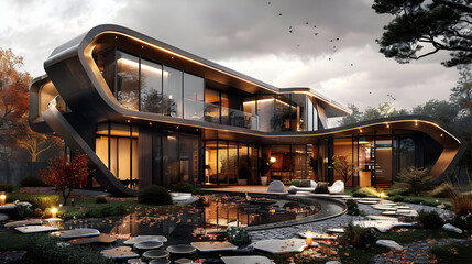 Fototapeta premium Modern Curved House with Pool and Garden - 3D Illustration