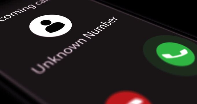Smartphone screen with incoming call from Unknown Number, getting anonymous call from undefined abonent, footage