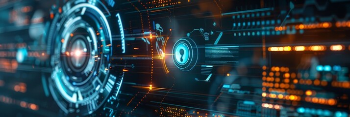 Fototapeta premium This image represents digital security and data protection. It depicts a futuristic interface with glowing lines and a keyhole icon, symbolizing secure access, privacy, and cybersecurity.
