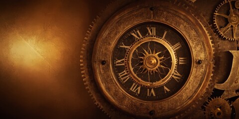 Fototapeta premium close-up view vintage clock face with Roman numerals and golden center, surrounded by blurred background
