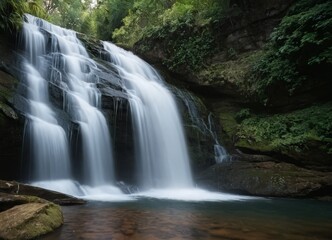 Fototapeta premium serene waterfall cascades over moss-covered rocks, surrounded by lush greenery and reflecting in the calm