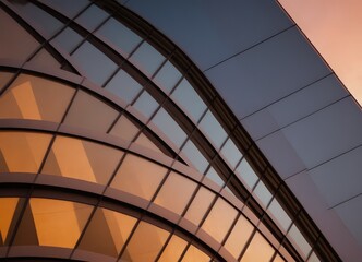 Fototapeta premium modern building with curved glass panels and dark blue exterior is captured at sunset, with warm orange and