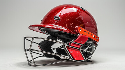 Fototapeta premium a red cricket helmet with a metal face guard.