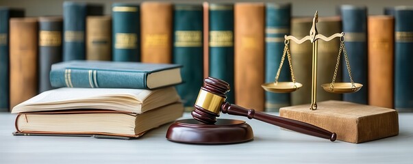 Labor law books, scales of justice, and a gavel on a desk highlighting the importance of understanding job regulations, - Powered by Adobe