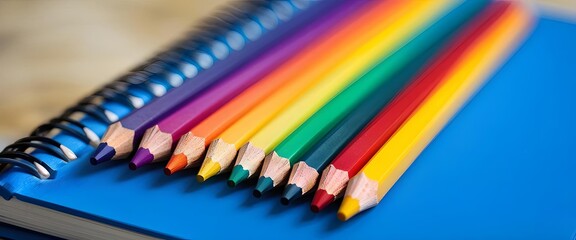 Fototapeta premium Vibrant colored pencils arrangement, on blue notebook, educational tools, creative projects. Generative AI