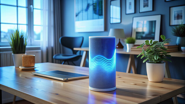 Modern smart speaker with glowing blue lights and virtual waves on its screen, sitting on a table, surrounded by a calm and organized home office.