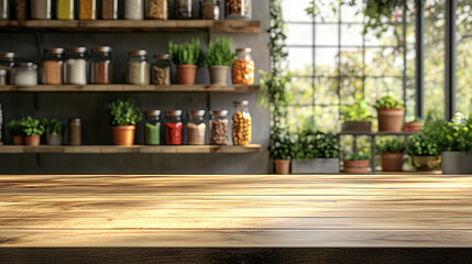 Empty beautiful wood tabletop counter on interior in clean and bright kitchen background, Ready for display, Banner with copy space isolated, Product mockup in the style of setting sunlight background