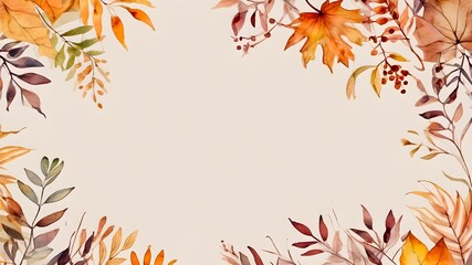 Watercolor autumn leaves frame. Botanical background with copyspace