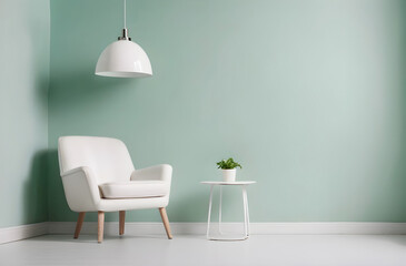 White chair in room with mint wall. Empty wall mockup. Template for artwork, painting, photo or poster	