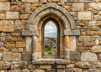 Rustic stone window frame set in ancient medieval archway, isolated on a weathered stone wall, awaiting design insertion.