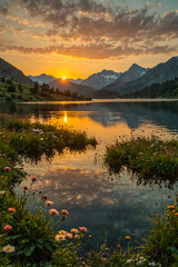 A beautiful, pale sunset over a lake and mountains with wild flowers and roses
