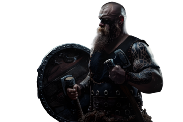 Medieval warrior berserk Viking with tattoo with axes attacks enemy. Concept historical photo