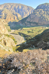 Road to the village of Khinaliq running through Greater Caucasus range located in the Quba District in Azerbaijan