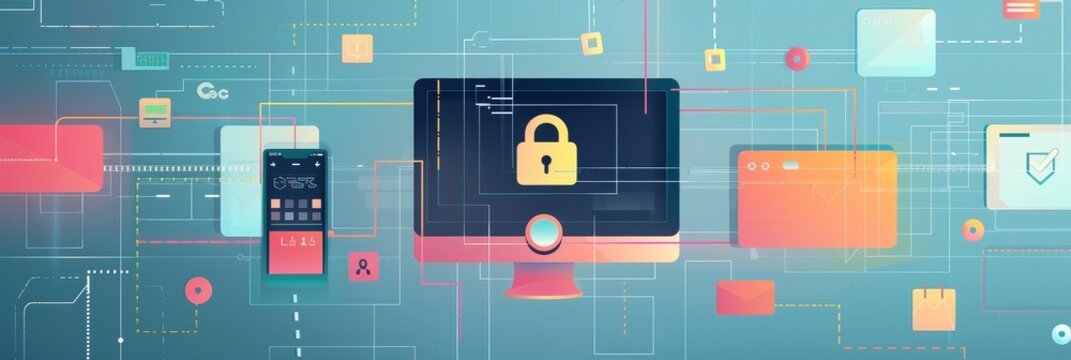 A computer monitor, smartphone, and tablet are connected by a network of lines symbolizing data flow, with a padlock on the computer screen representing cybersecurity.