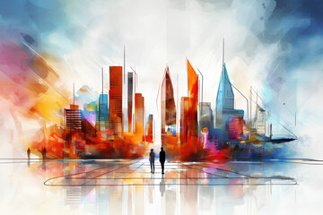 Creative business sketch on abstract bright city background. Leadership and finance concept. 3D Rendering 